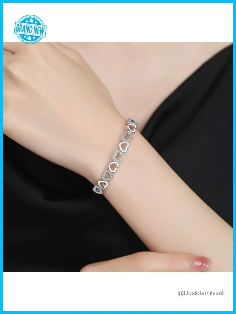 Adjustable 14K Gold Plated Heart Bangle Bracelet with Crystals